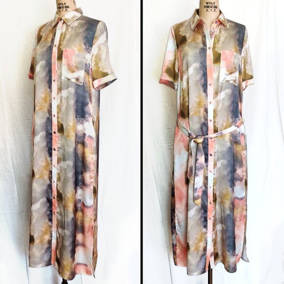 FRNCH Paris Abigail Maxi Shirt Dress in Silky Watercolor Tie Dye Print Small EUC - Picture 5 of 9